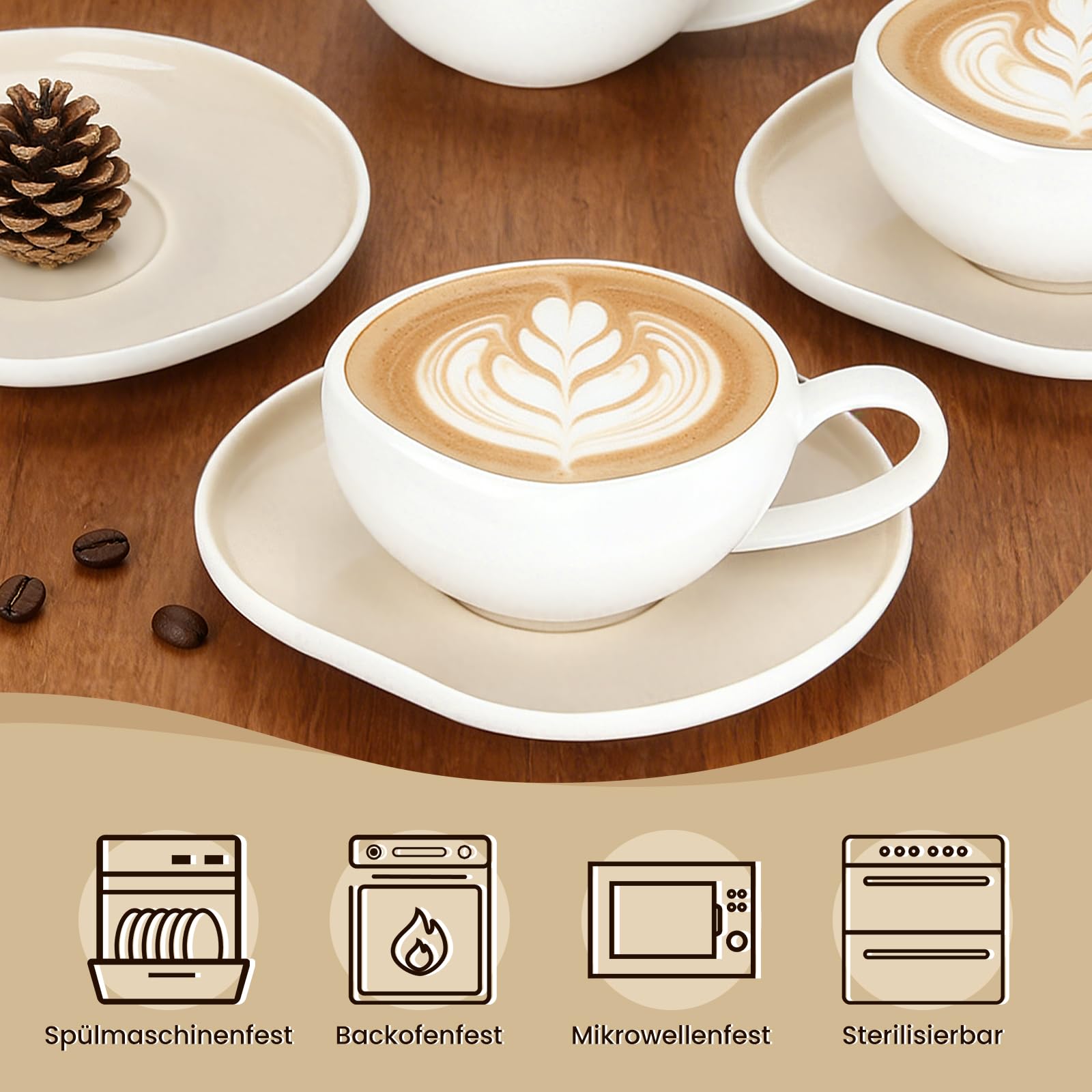 Filiżanki do cappuccino, filiżanki do kawy 200 ml, ze spodkami, serwis do kawy 6 osób, zestaw filiżanek do cappuccino, ceramiczne kubki do kawy, cappuccino, latte, americano i herbaty, jasnobeżowy