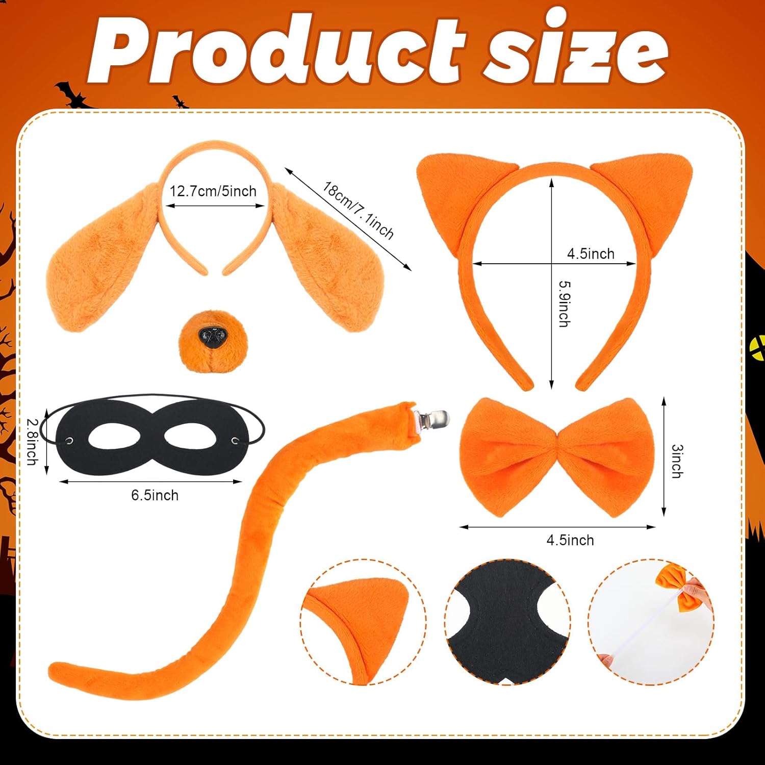 7 Pcs Orange Cat and Dog Costume Set for Kids Including Dog Ears Headbands and Noses Cat Ears Headband Tail Bowtie Black Eye Mask Cape for Halloween Party Cosplay World Book Day - Image 2
