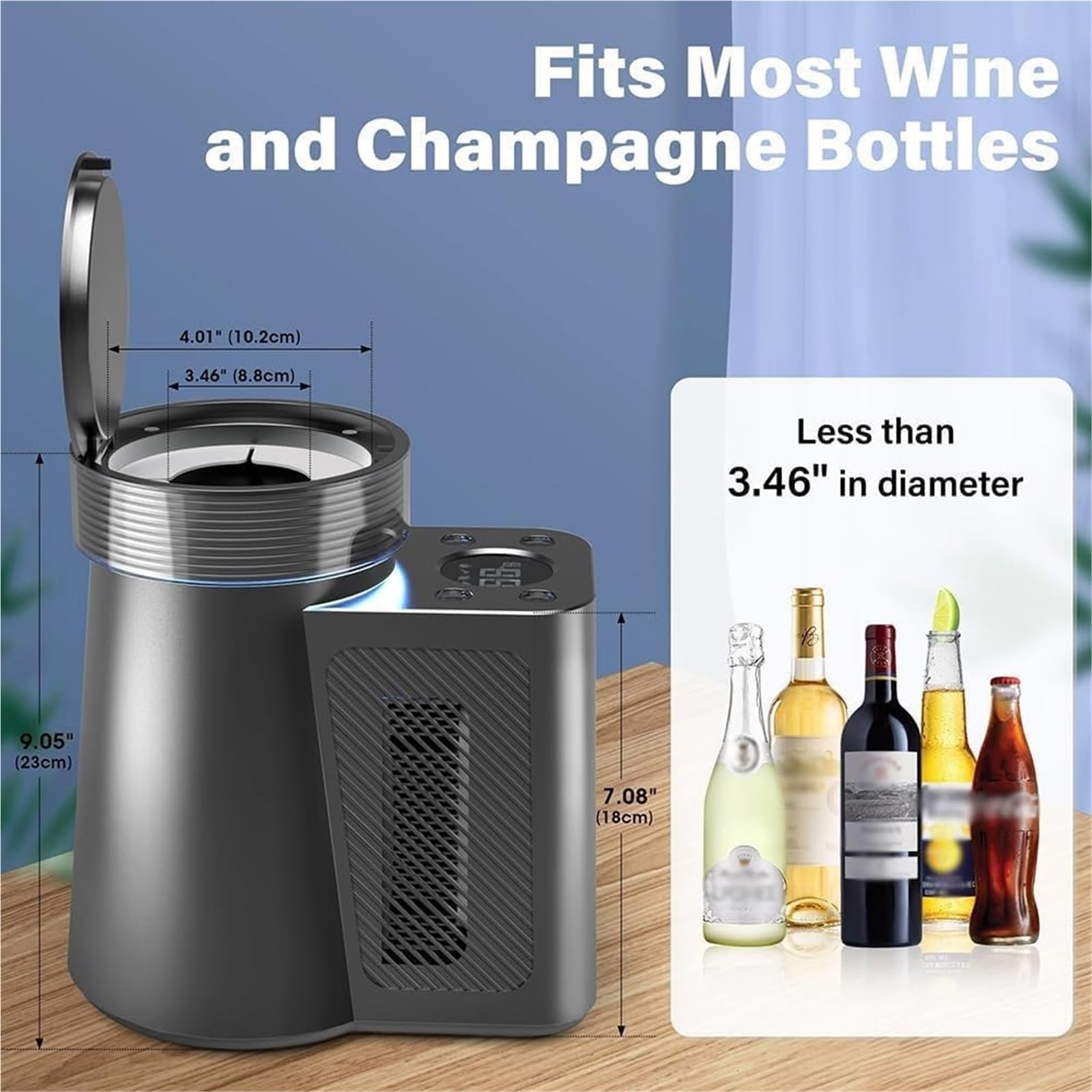 Enfriador de vino eléctrico para botellas individuales, enfriador de bebidas portátil de acero inoxidable, control LCD de 2 a 20 °C, ideal para fiestas, hogar, viajes, coche, capacidad de 750 ml