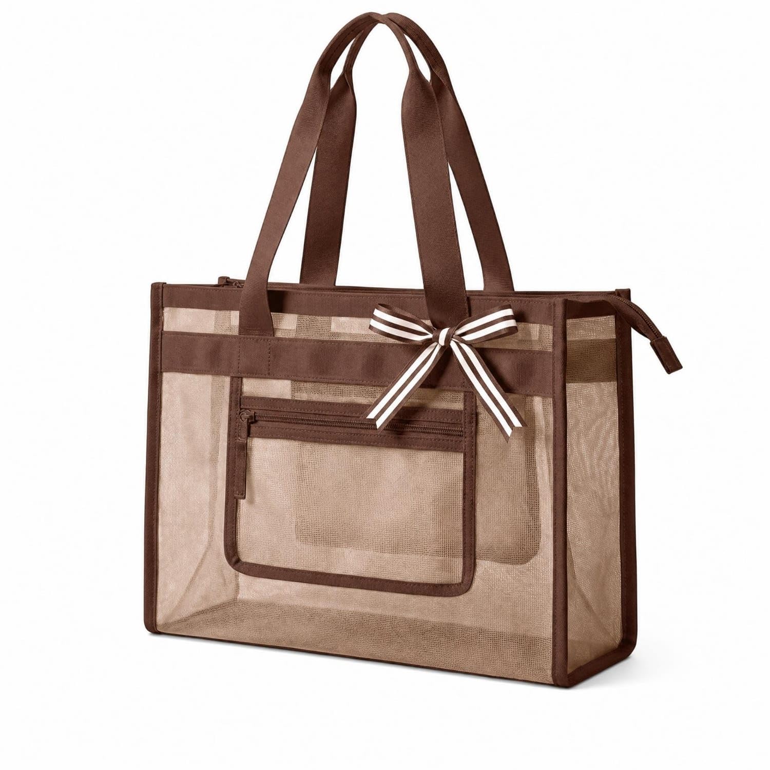 Paired Shoulder Handles Rectangular Mesh Tote Bag Top Zipper Closure Mesh Beach Tote Zippered Pocket, Camel|Reusable Eco Bags|Clothing, Shoes & Accessories-image-35