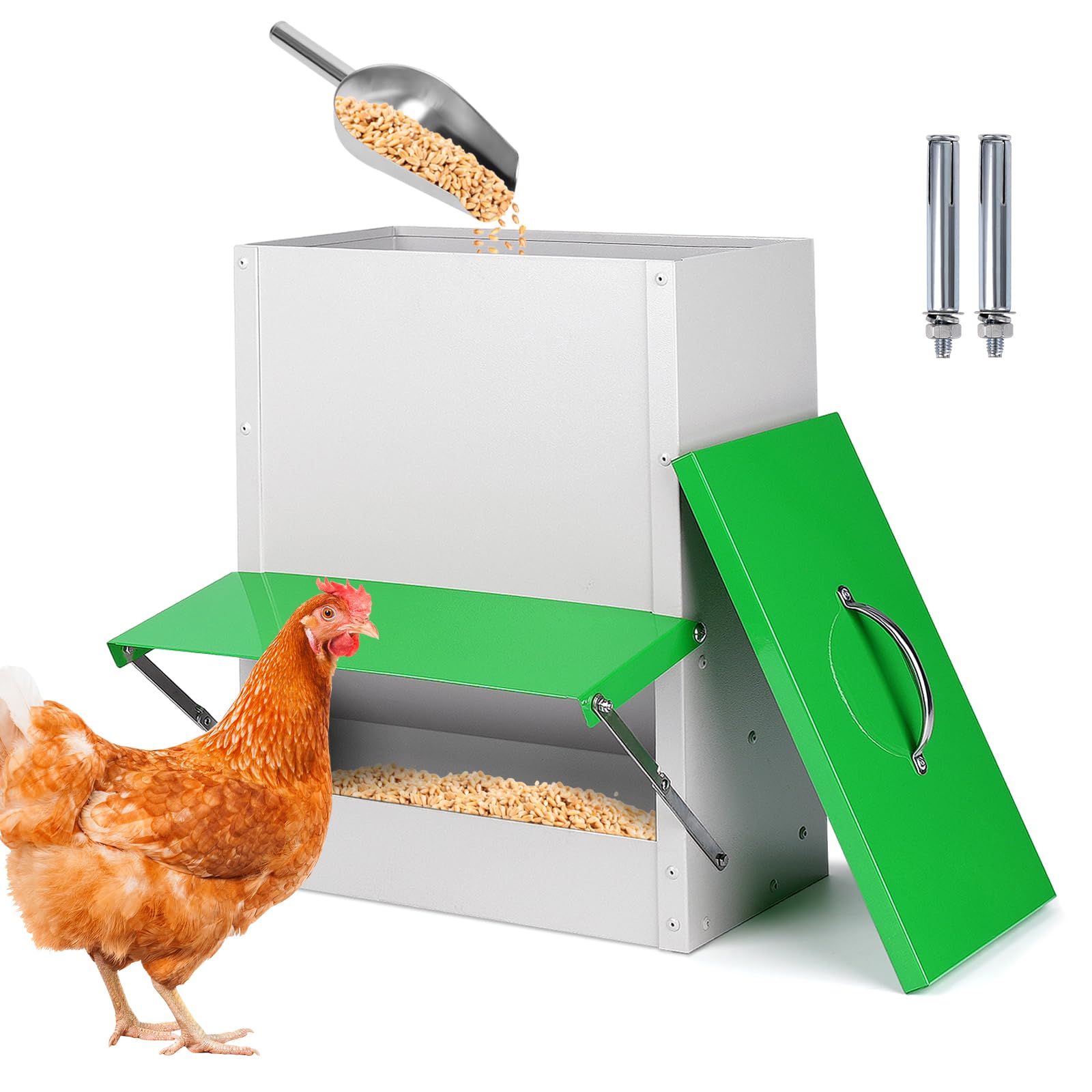 Automatischer Hühnerfutterspender 11,3 kg Metall Geflügel Futterspender mit Deckel Großer Hühnerstall Feeder Hängende Hühnerfutterstation Trog für Wachteln Hühner Enten