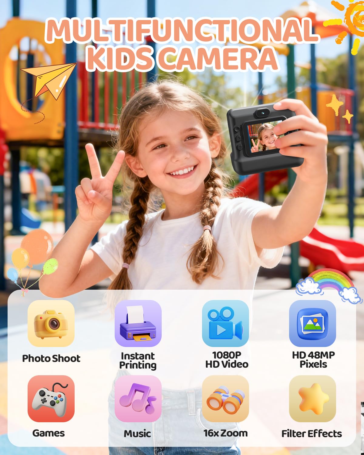 CalineGam Macchina Fotografica Bambini Istantanea, HD 1080P Macchina Fotografica Istantanea con Scheda da 32 GB e 3 Rotoli di Carta, Regalo di Natale per Ragazze Ragazzi dai 3 ai 14 Anni