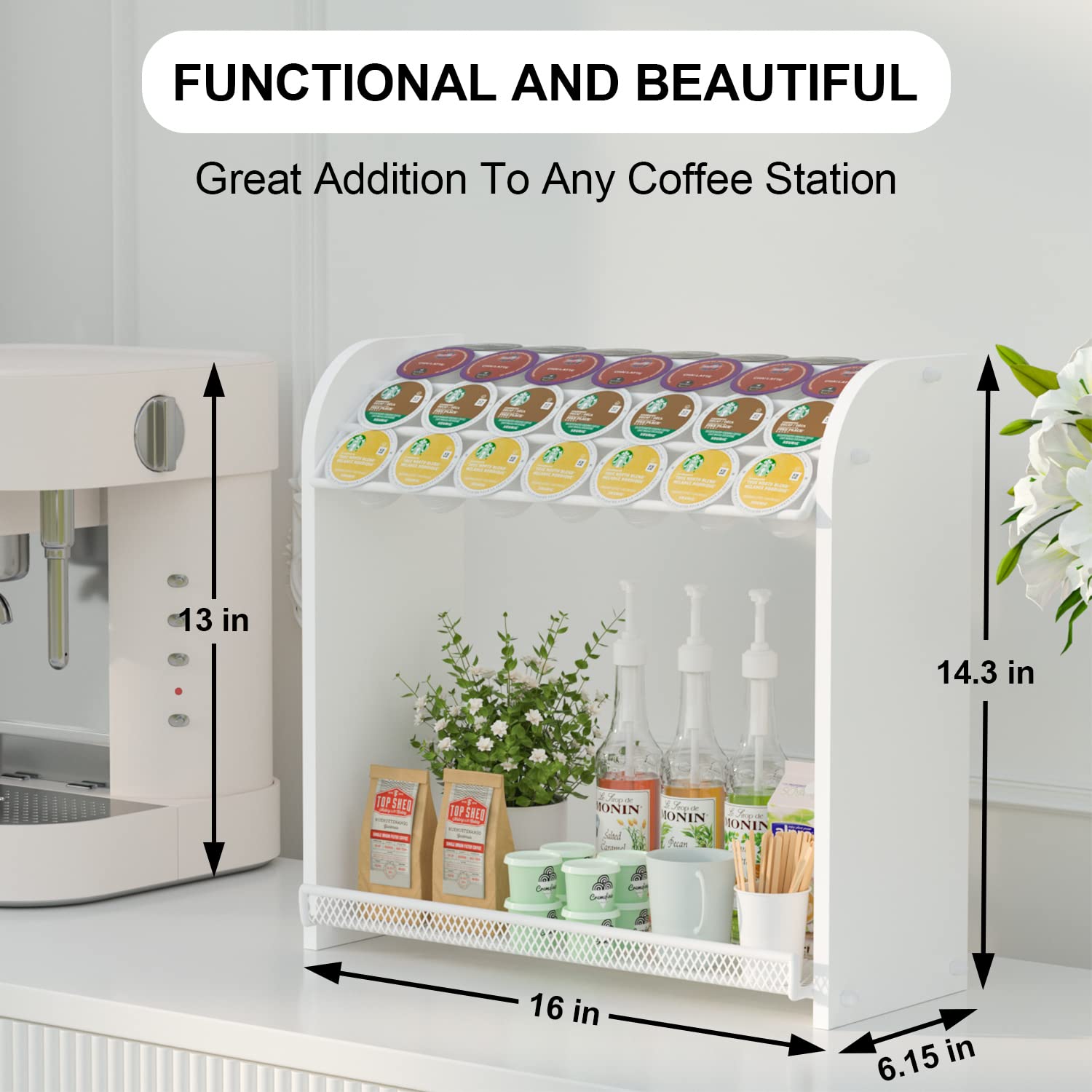 Coffee Pod Organizer for Coffee Bar Accessories, Large Capacity K Cup Holder, Bamboo K Cup Organizer for Countertop, Easy Assembly Coffee Pod Holder, Coffee Station Organizer Home office Storage,White