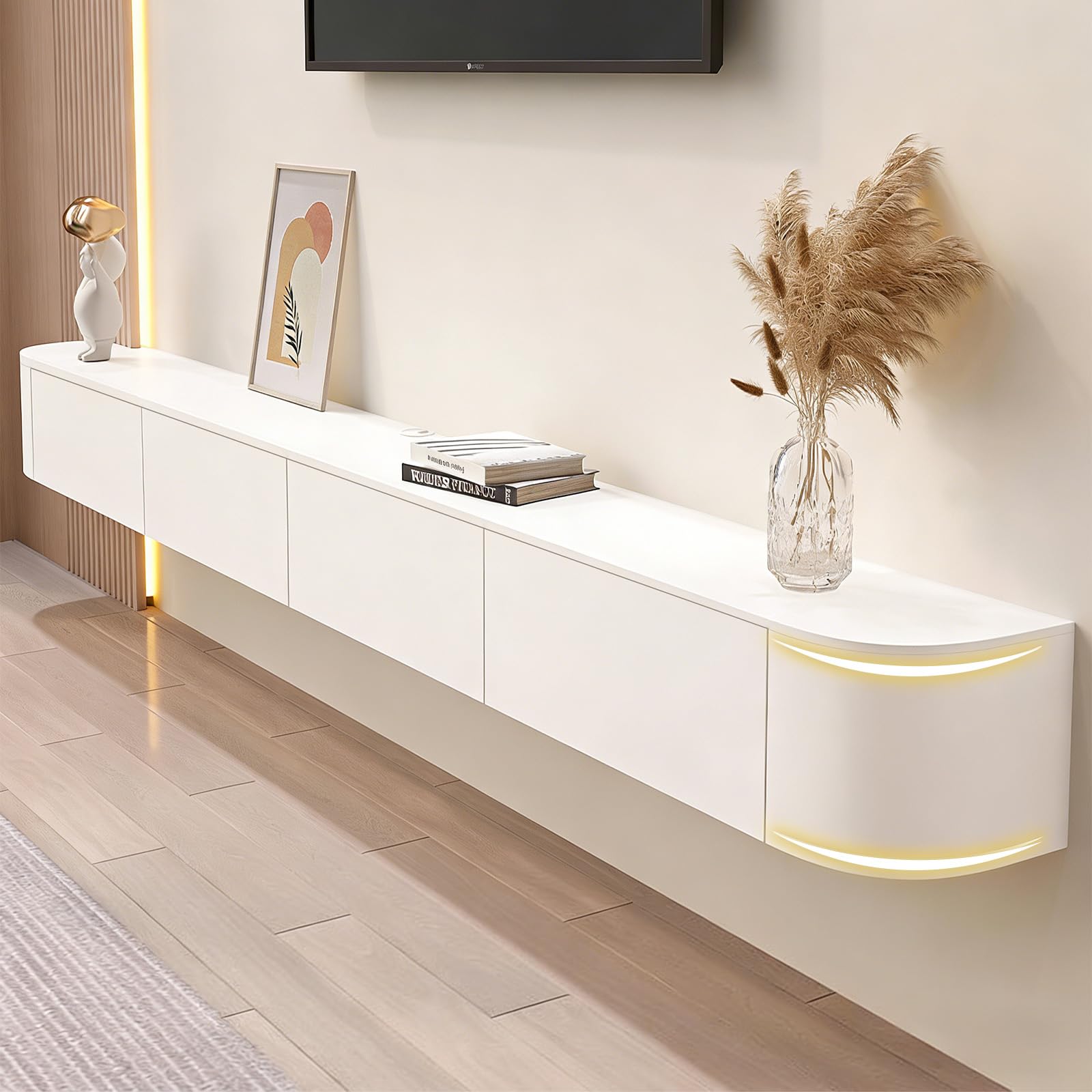 Quvex 110.2" Floating TV Stand Fully Assembled, Wall Mounted Entertainment Center Media Console Cabinet with Curved Edge, Floating TV Console Table