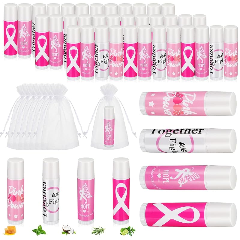 Fumete Bálsamo labial com tema de laço rosa, Pacote com 50 unidades e 50 saquinhos
