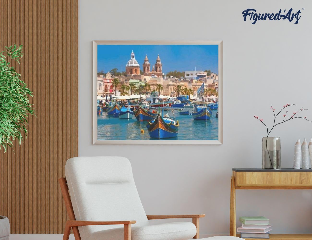 Figured'Art Malen Nach Zahlen Erwachsene Mit Rahmen Hafen in Malta - Paint by Numbers Basteln DIY Bastelset 40x50cm - Leinwand gespannt auf Holzrahmen
