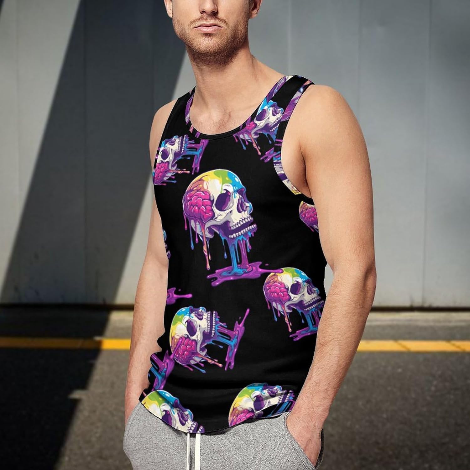 Skeleton Skull A Brain Invade Men's Tank Top Sleeveless Muscle Shirts Vest Beach T Shirts for Workout Gym