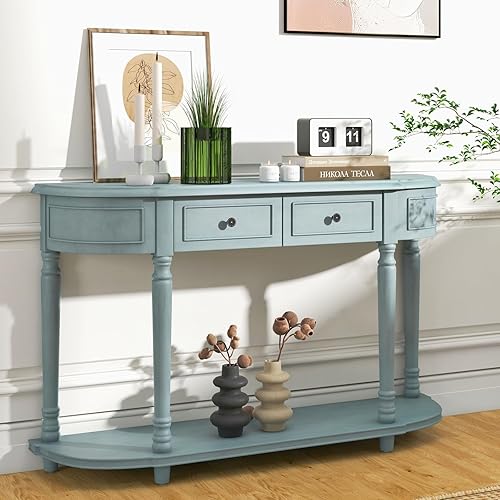 Miniatura 2 de KOTEK Mesa consola de 52 pulgadas con almacenamiento, mesa de entrada vintage con 2 cajones y estante abierto, patas de madera maciza, mesa de sofá