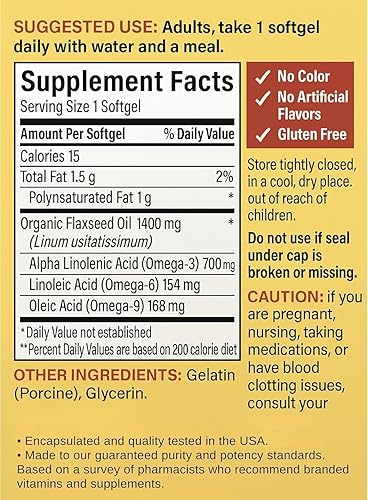 Miniatura 2 de Aceite de linaza Nature 1400mg (300 cápsulas blandas)  Suplemento ALA de Omega-3 a base de plantas