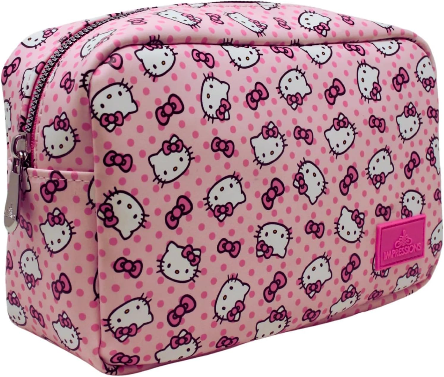 Impressions Vanity Hello Kitty Pink A Dot Cosmetic Pouch for purse With Silver Hardware, Polyester Lined Interior Travel Makeup Bag Organizer with Inner Slip Pocket and Hello Kitty Pink A Dot Artwork - Image 2