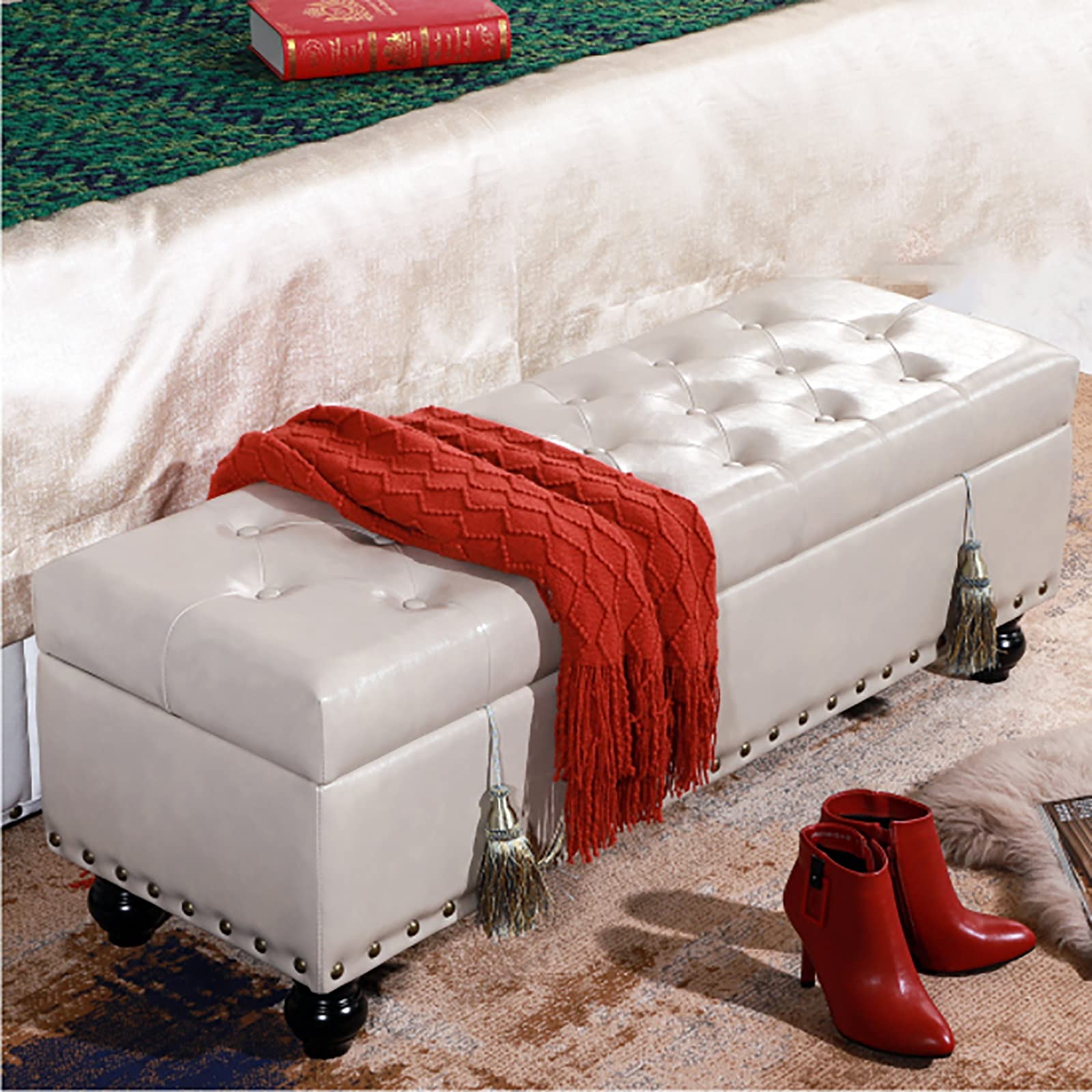 Ottoman avec rangement en similicuir kaki 80x40x42 cm pour salon et chambre