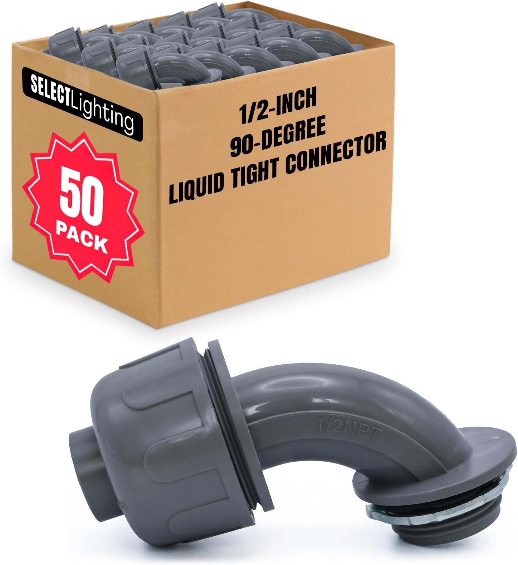 SELECT 50 Pack Lighting PVC Liquid Tight Connector, 1/2” 90-Degree Conduit Connectors, Non-Metallic Conduit Fittings, Safe and Rust Resistant