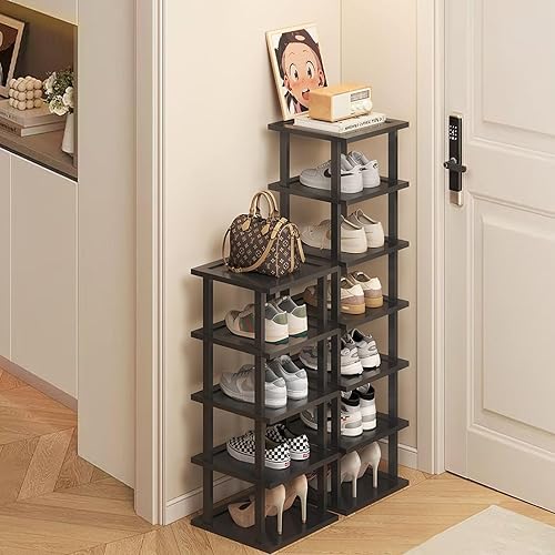 Miniatura 10 de Zapatero Vertical - Organizador de Zapatos Alto y Estrecho para Espacios Pequeños, Estante de Bambú de 7 Niveles para Entrada, Armario, Rincón,