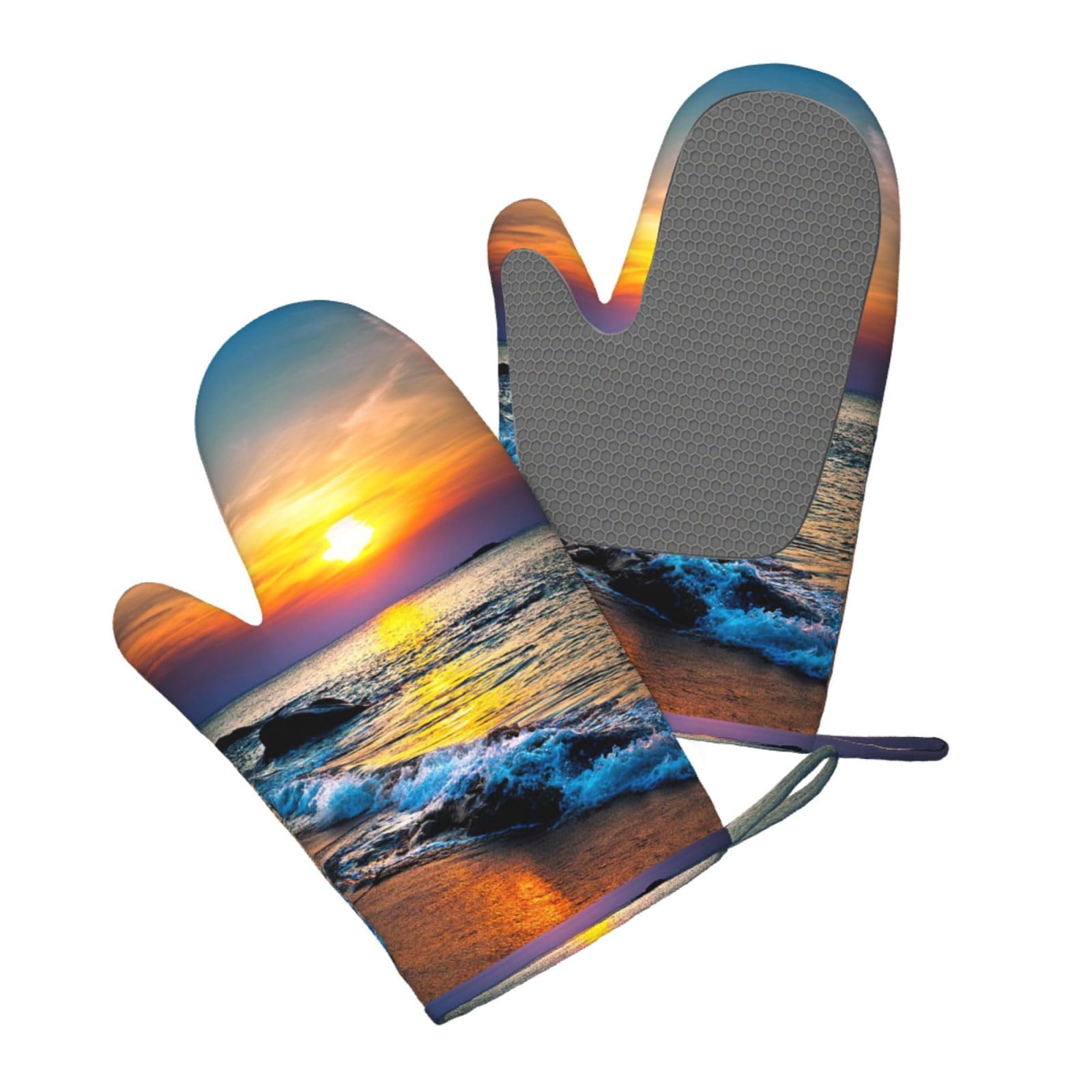Aqrjlpo Women's Beach And Sunset Silicone Oven Mitts Set 2Pcs, Printed Heat Resistant Non-Slip Silicone Oven Gloves For Kitchen Cooking Baking Microwave