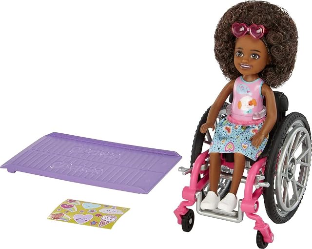 Barbie Chelsea Doll & Wheelchair, with Chelsea Doll (Curly Brunette Hair), in Skirt & Sunglasses, with Ramp & Sticker Sheet, Toy for 3 Year Olds & Up