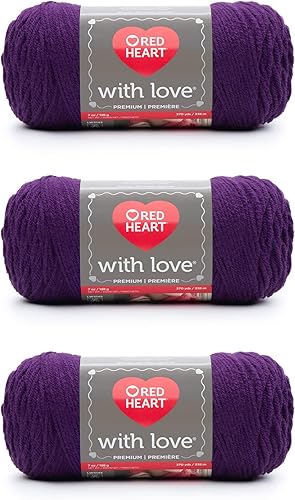 Red Heart with Love - Hilo de berenjena, paquete de 3 unidades de 6.98 oz7 onzas, acrílico, 4 medianos (peinado), 370 yardas, tejidoganchillo