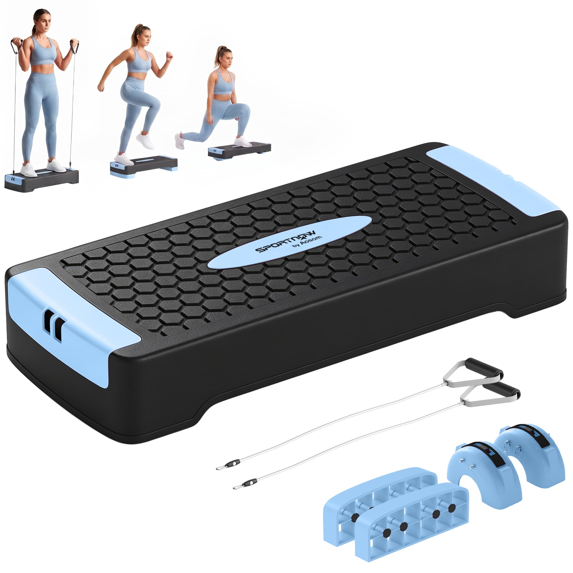 SPORTNOW Step z regulacją wysokości, fitness, 2 stopnie (11/16 cm), niebieski | Stepper aerobowy, 2 taśmy oporowe, mata antypoślizgowa, antypoślizgowa ławka do kroku, do domu, studia fitness, biura