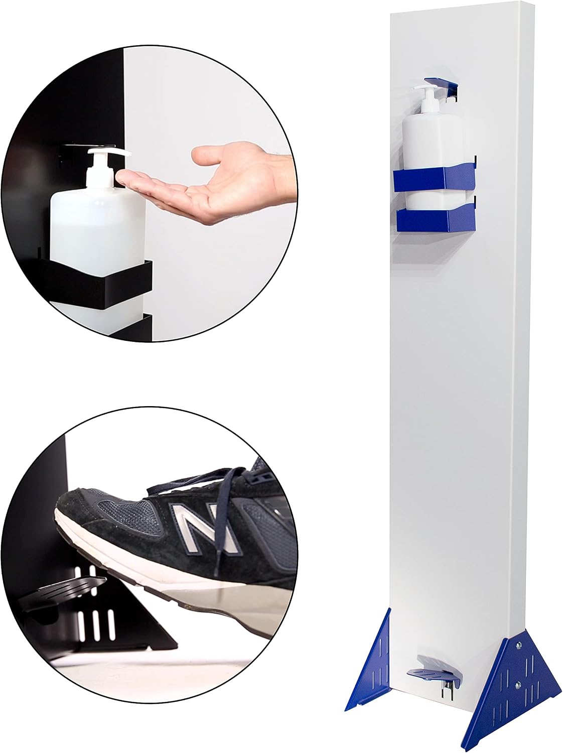 Sanitizer Dispenser Stand Station, Foot Operated - Heavy Duty, White & Blue - SANITAME