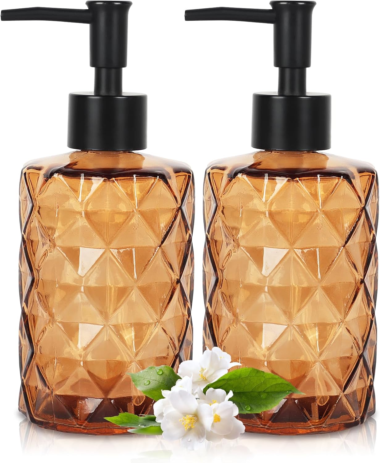 Topspring 12 Oz Amber Glass Soap Dispenser with Pump 2Pack Diamond Design Refillable Lotion