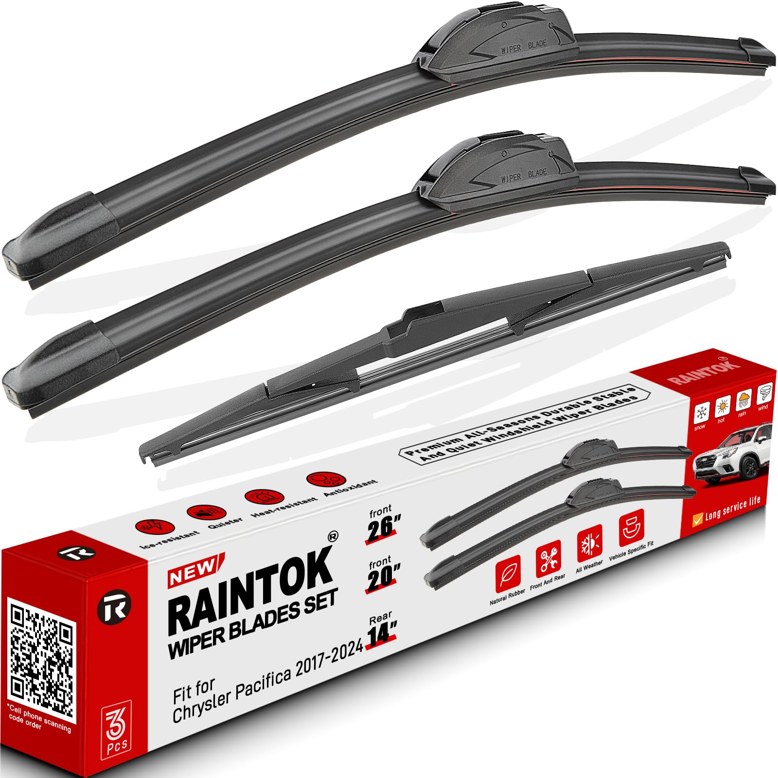 Raintok RAINTOK Lot De 3 Balais D'essuie-glace De Rechange Pour Chrysler Pacifica 2017, 2018, 2019, 2020 Et 2021, Qualité D'usine D'origine, 66 Cm, 50,8 Cm, 35,6 Cm