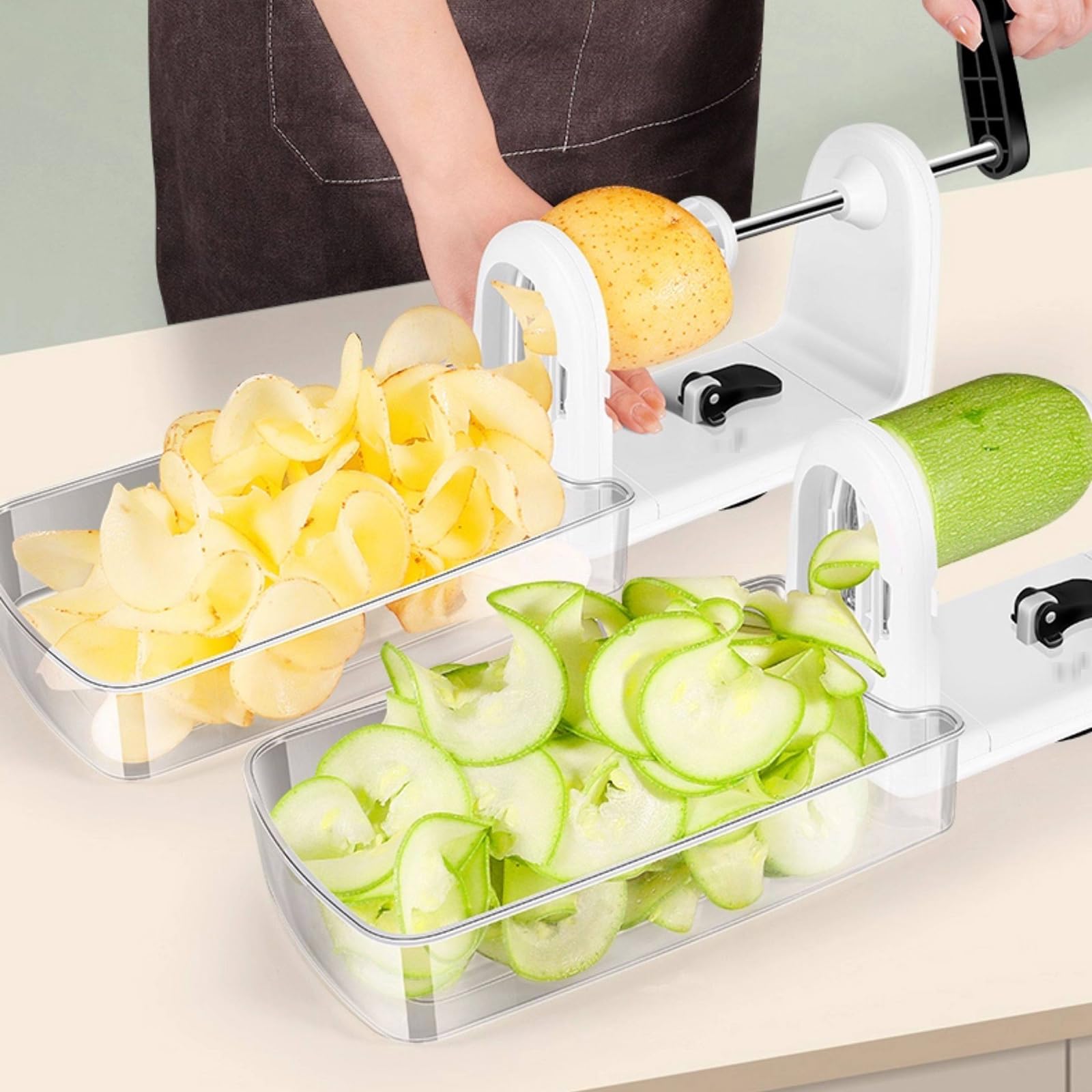 Obst-Spiralschneider, Gemüseschneider mit vakuumversiegeltem Boden, 4 Klingen und integrierter Klingenaufbewahrung für die Küche