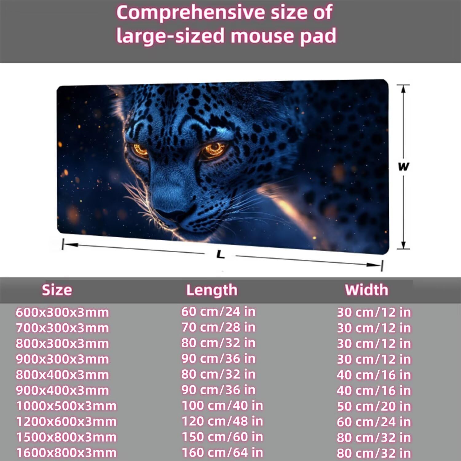 Podkładka pod mysz z lampartem dla zwierząt XXL 1600 x 800 x 3 mm pod ręką akcesoria do gier, podkładka pod mysz do klawiatury z przeszytymi krawędziami i antypoślizgowym tyłem, wysoka precyzja i