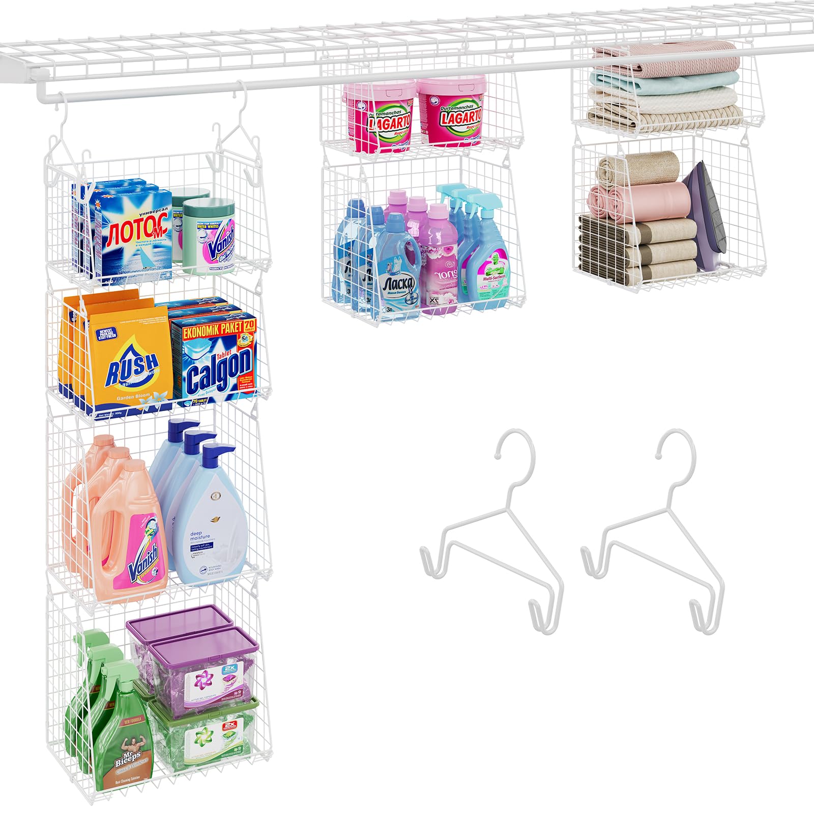 4-Tier Hanging Laundry Room Organizer: Foldable Wire Shelf Basket with 2 Large Hooks 1.65" &amp; 360°Rotating Hooks – Space-Saving Laundry Storage Basket, for Wardrobe Closet Storage, White Patent