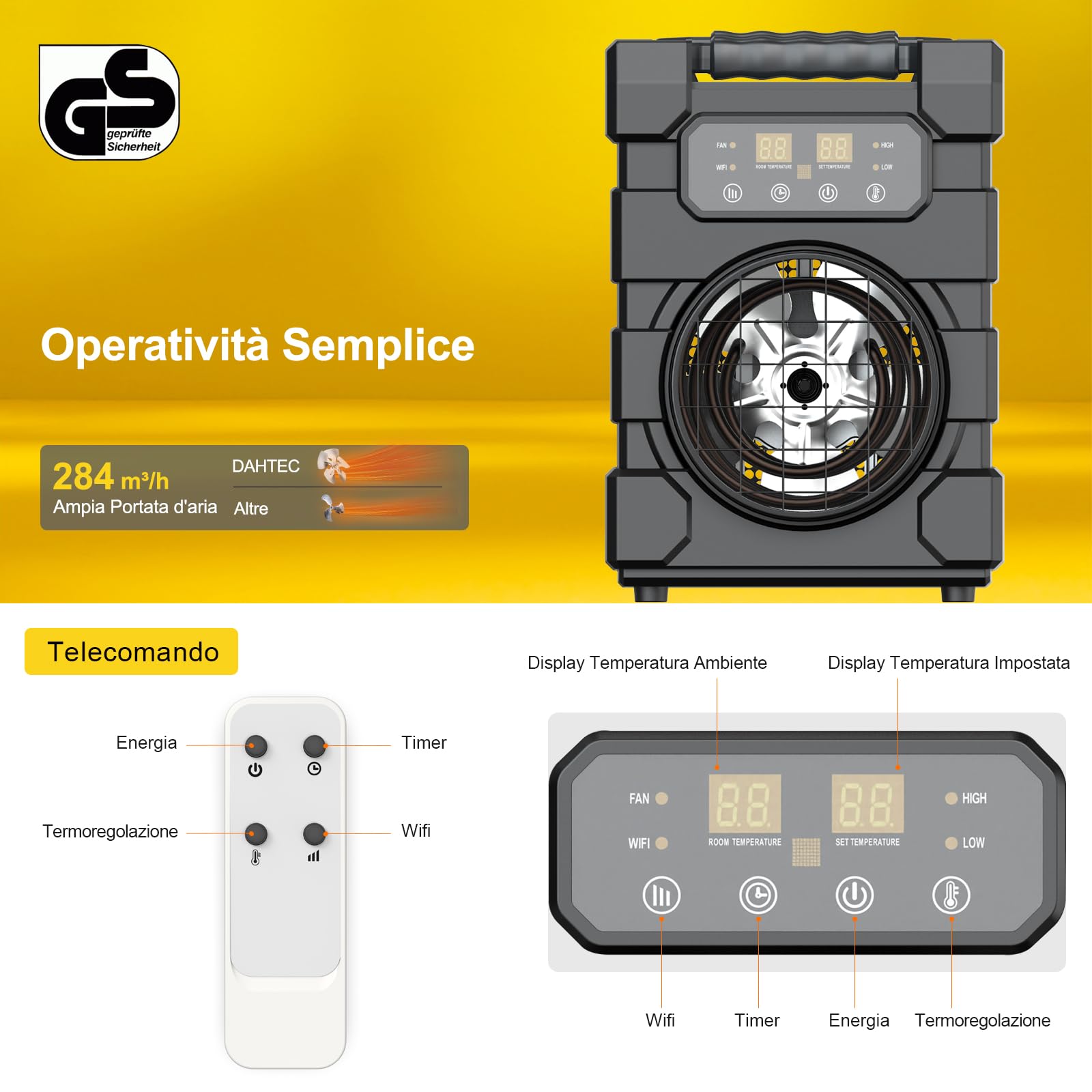 Termoventilatore Professionale 3000W - Stufetta Elettrica - ECO & Involucro Robusto in Acciaio - WIFI, Telecomando Senza Fili, Display Digitale