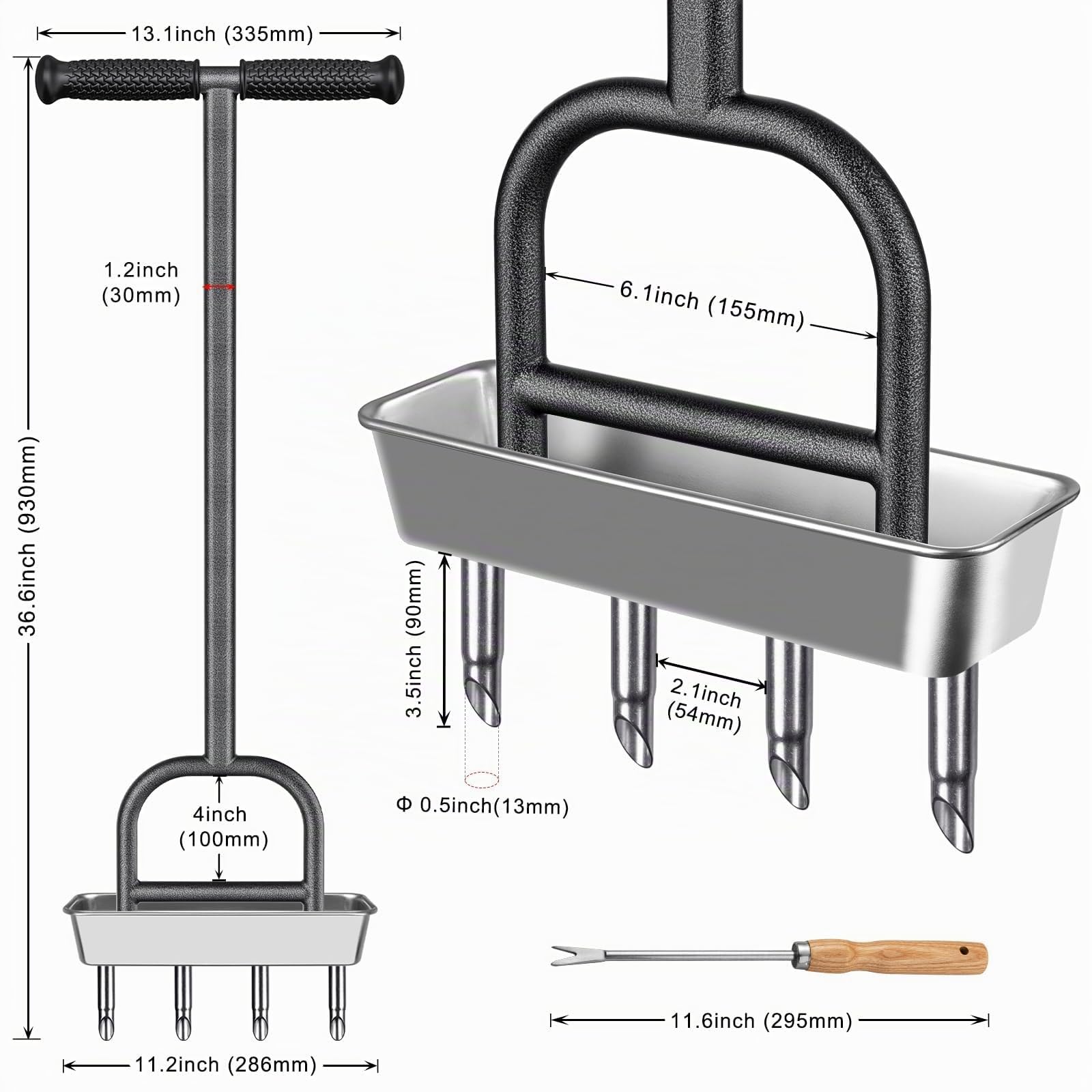 BeneLabel Aérateur de Gazon, Core de Pelouse Manuel Scarificateur Outil d'aération du Sol en Acier Inoxydable 4 Dents Creuse avec Plateau de Rangement pour Ameublir le Sol et Améliorer la Pelouse,93cm