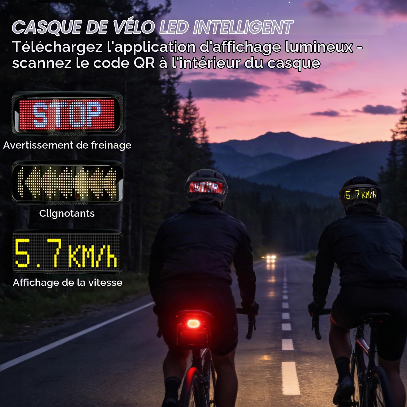 Casque de Vélo Connecté & Sécuritaire pour Hommes Femmes-Casque Intelligent avec Écran LED Personnalisable, Feux Arrière de Freinage, Clignotants et Alerte Lumineuse pour VTT, Route, E-Bike et Scooter