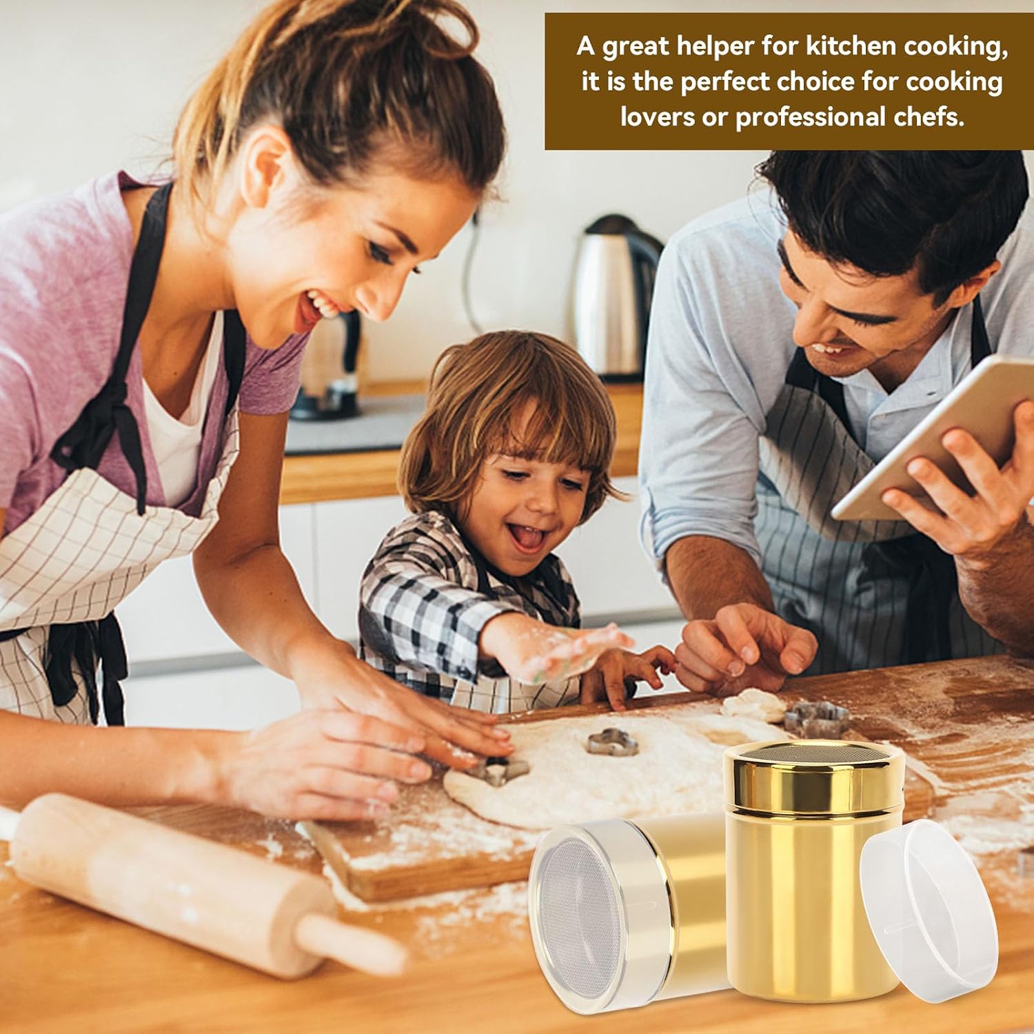 2Pcs Powdered Sugar Shaker Duster, Cinnamon Shaker Flour Sifter Stainless Steel Fine Mesh Powder Shaker Jar for Coffee Cocoa Cinnamon Powder with Lid