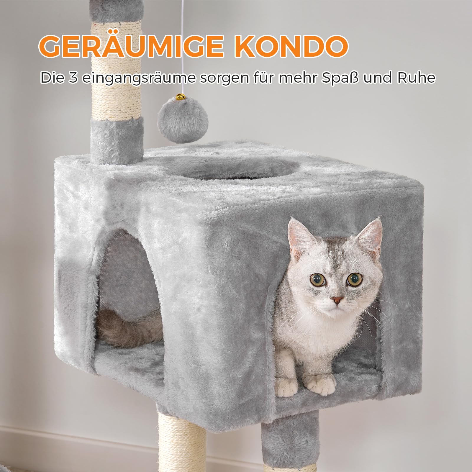 Oak&Tea Kratzbaum für Katzen mit Schlaffläche & Spielzeug – Kompakter Katzenkratzbaum aus Sisal, Kratzbrett und kuscheligem Katzenbett – Ideal als platzsparender Kratzbaum klein für Haus （Hellgrau）
