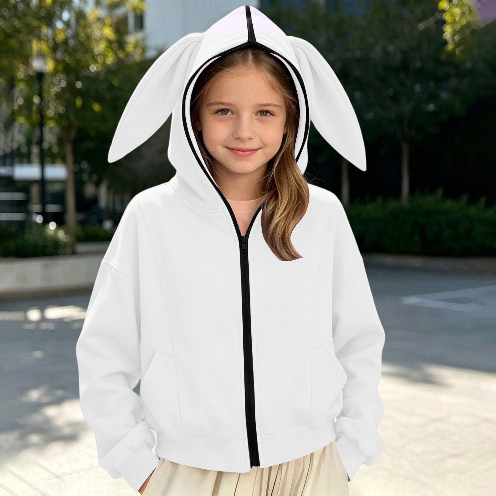 Sudadera con Capucha y Cremallera para niñas con Orejas de Conejo, Color Liso, de Felpa, Estilo Casual, Manga Larga, para niñas pequeñas.