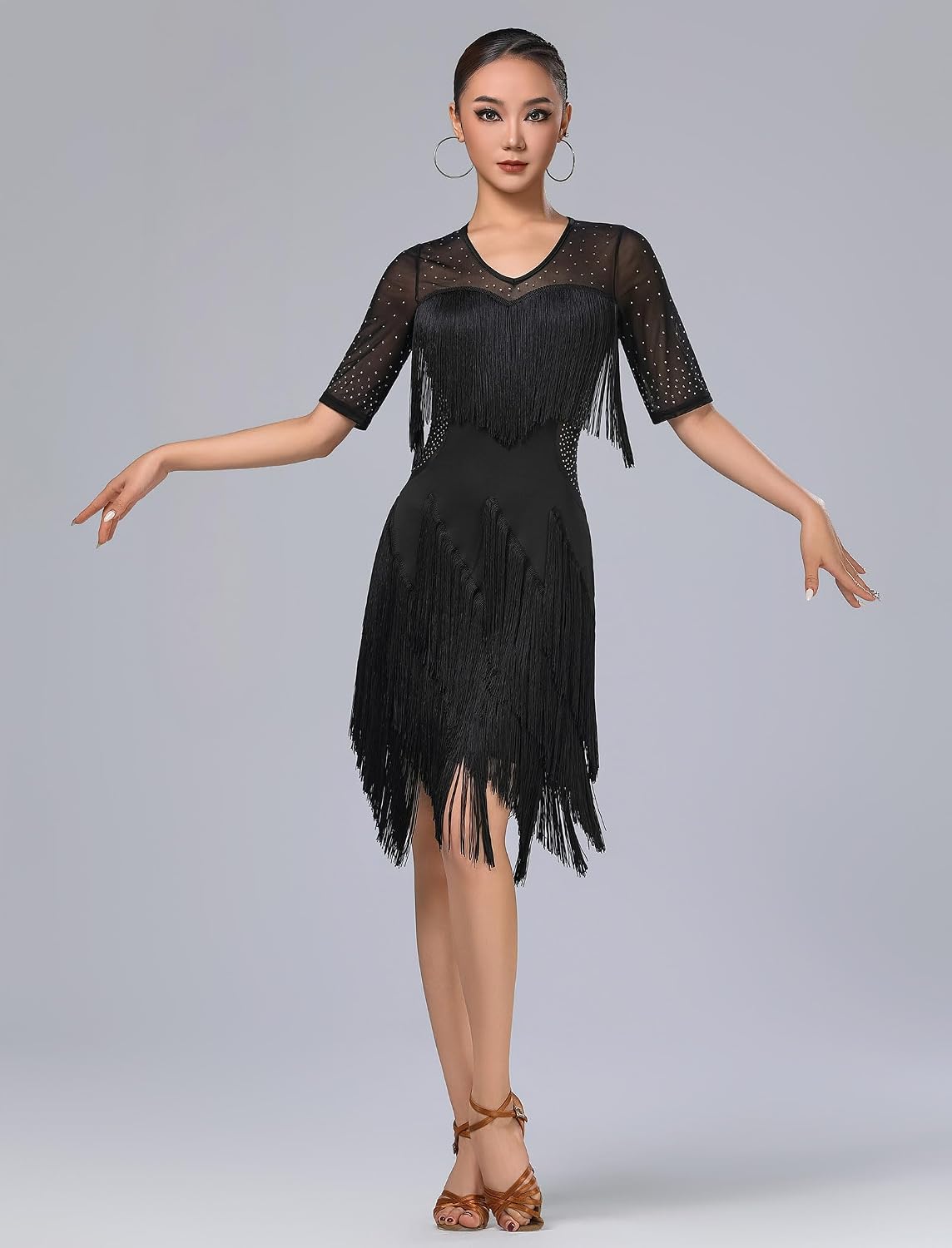 IWEMEK Rhinestones Layered Fringe Dress Ballroom Latin Dance Dress for Women Tassel Flapper Dresses Salsa Dancing Costume