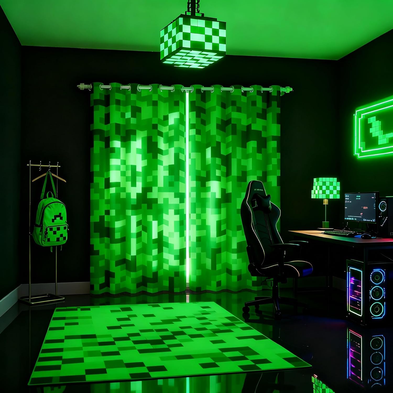 feelingyou Green Pixelated Miners Gamer Curtains,Video Games Blackout Curtains,Kids Boys Girls Teens Room Decor,Cartoon Gamepad Treatment Modern Geometric Check Window Drapes,2 Panels,46Wx54L