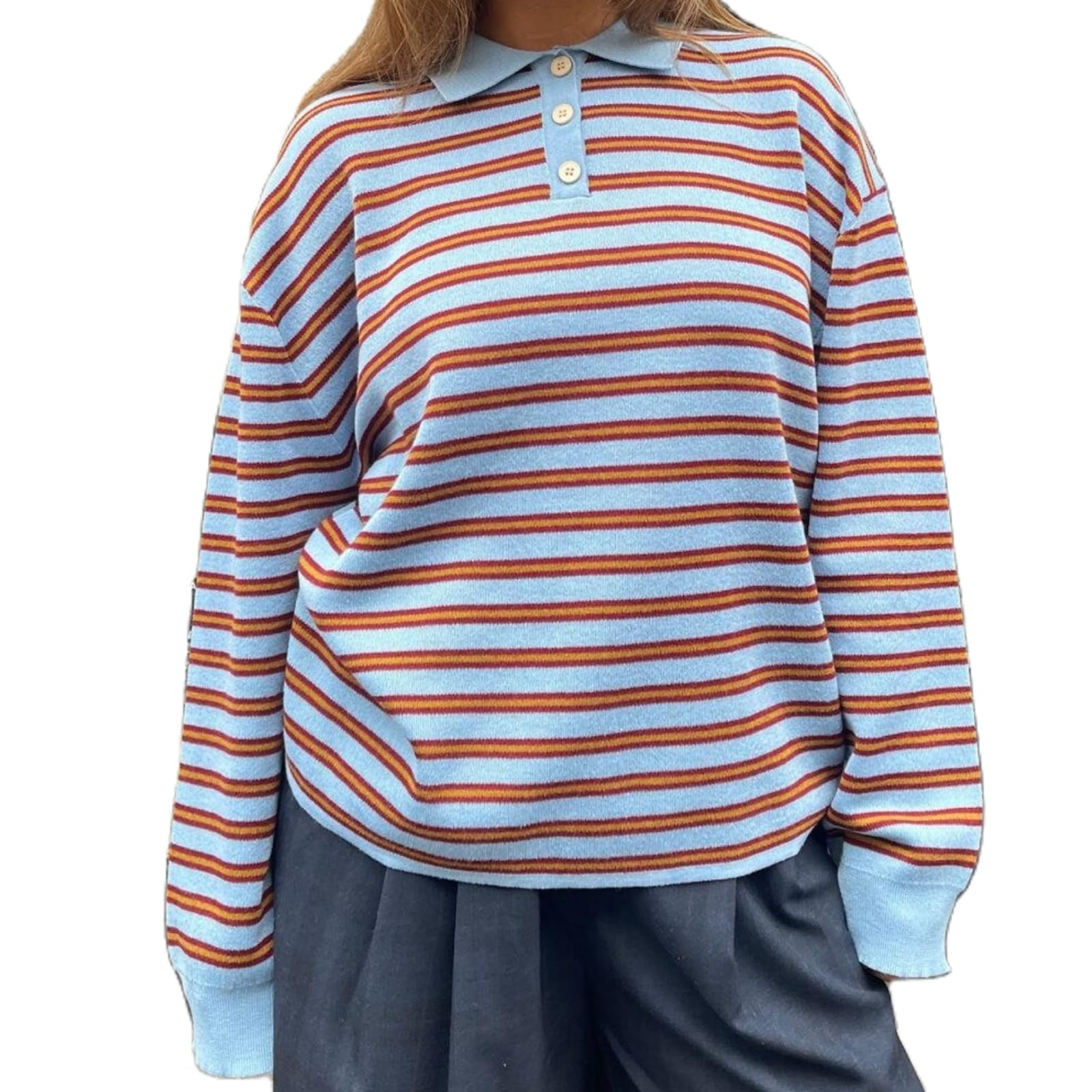 Aopwsrlyi Women Striped Polo Sweater Oversized Long Sleeve Button Up Lapel Collar Pullover Sweatshirt 2025 Fall Tops