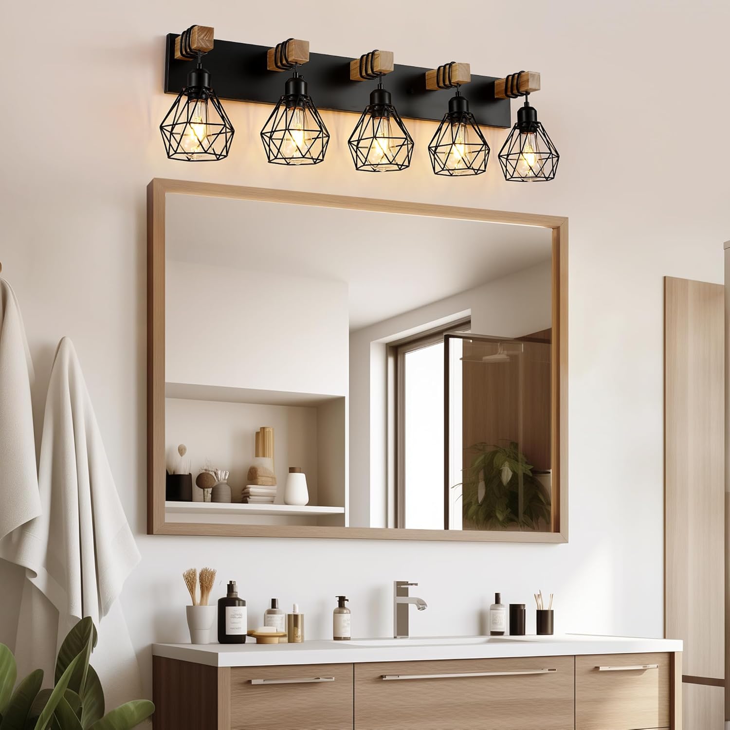 Farmhouse Vanity Light for Bathroom, 5-Light Wood Bathroom Vanity Light Fixtures Over Mirror, Rustic Sconces Wall Lighting with Metal Lampshade for Living Room, Bedroom, Hallway