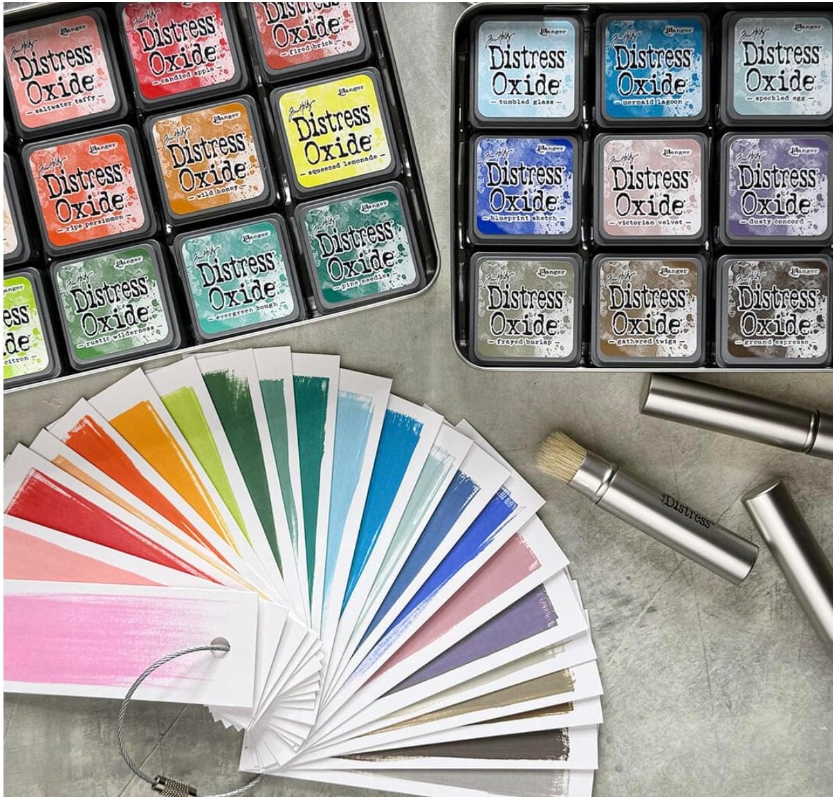 Tim Holtz Ranger Mini Oxide Distress Ink Pads, Kits - #1-18, Super Bundle of All 72 Oxide Colors, 6 Carnora Ink Blending Brushes, December 2025 Release