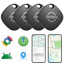 VOCOlinc Smart Tag Tracker Compatibile con Android Google Funzioni Trova o iOS Apple Dov’è App, Bluetooth Localizzatore Trova Oggetti per Chiavi, Portafoglio, Bagaglio, Zaino Borsa, 4 Pezzi Nero
