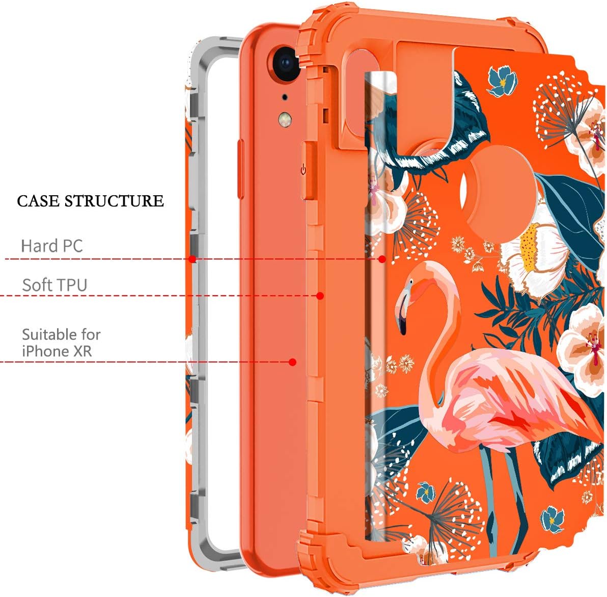 Casetego for iPhone XR Case,Heavy Duty Shockproof 3 Layer Hard PC+Soft Silicone Bumper Rugged Anti-Slip Protective Cases for Apple iPhone XR 6.1 inch,Flamingo