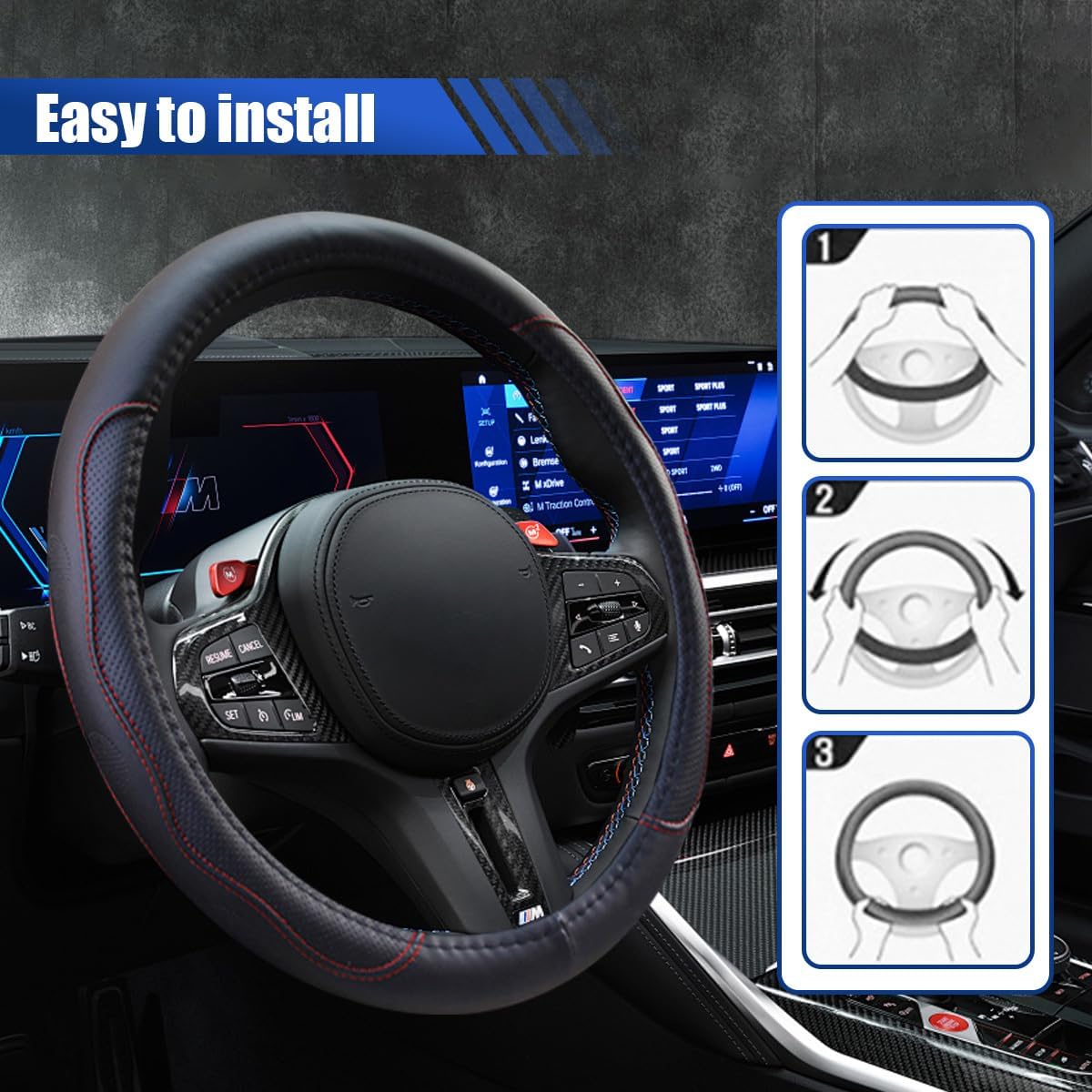 Car Steering Wheel Cover, 15 Inch Leather Anti-Slip Breathable Automotive Steering Wheel Protector, Universal Heat Resistant Vehicle Interior Accessories Cars, SUVs, Trucks(Black&Red)