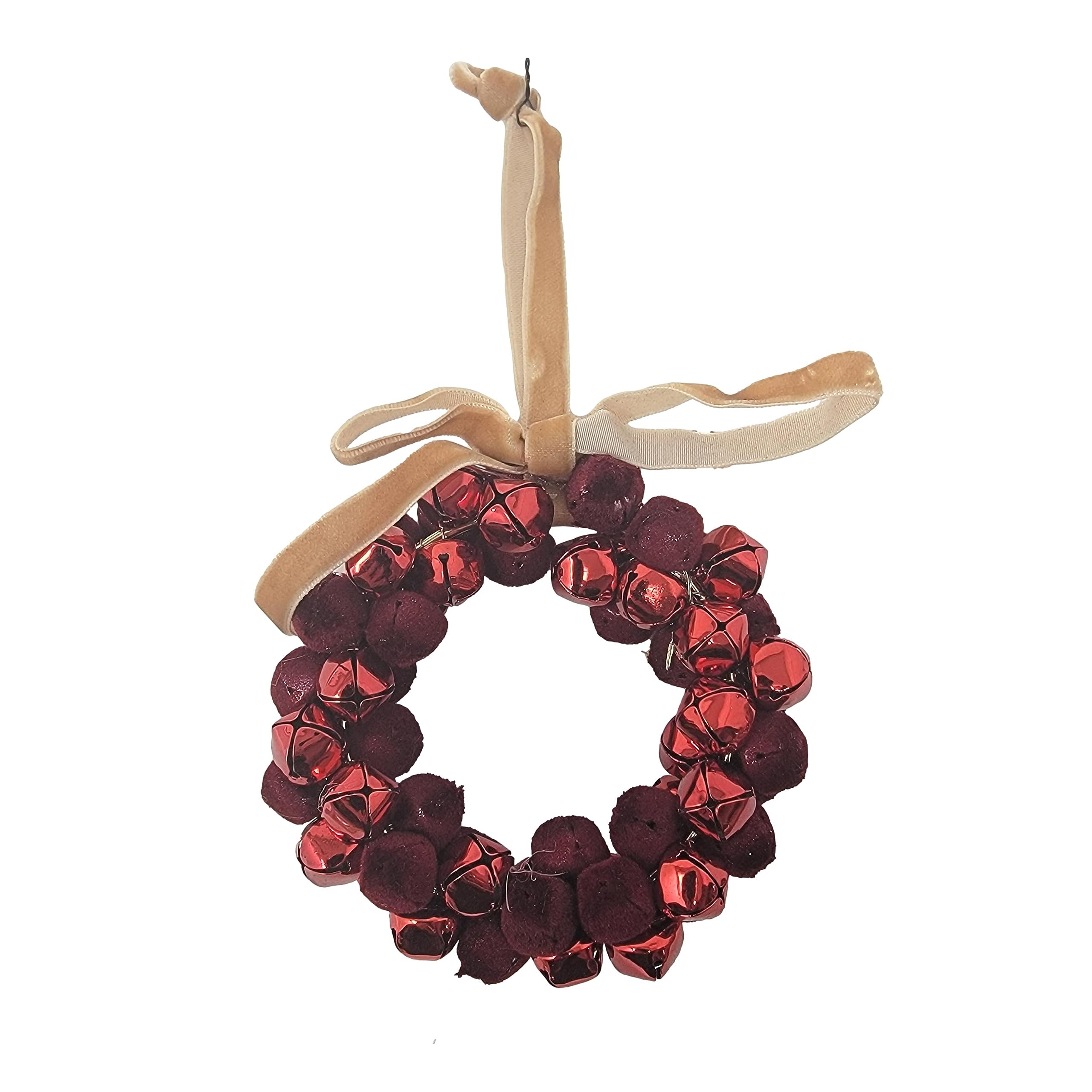 Red Jingle Bell Wreath Ornament Large 4 in Metal Velvet Vintage Antique Style