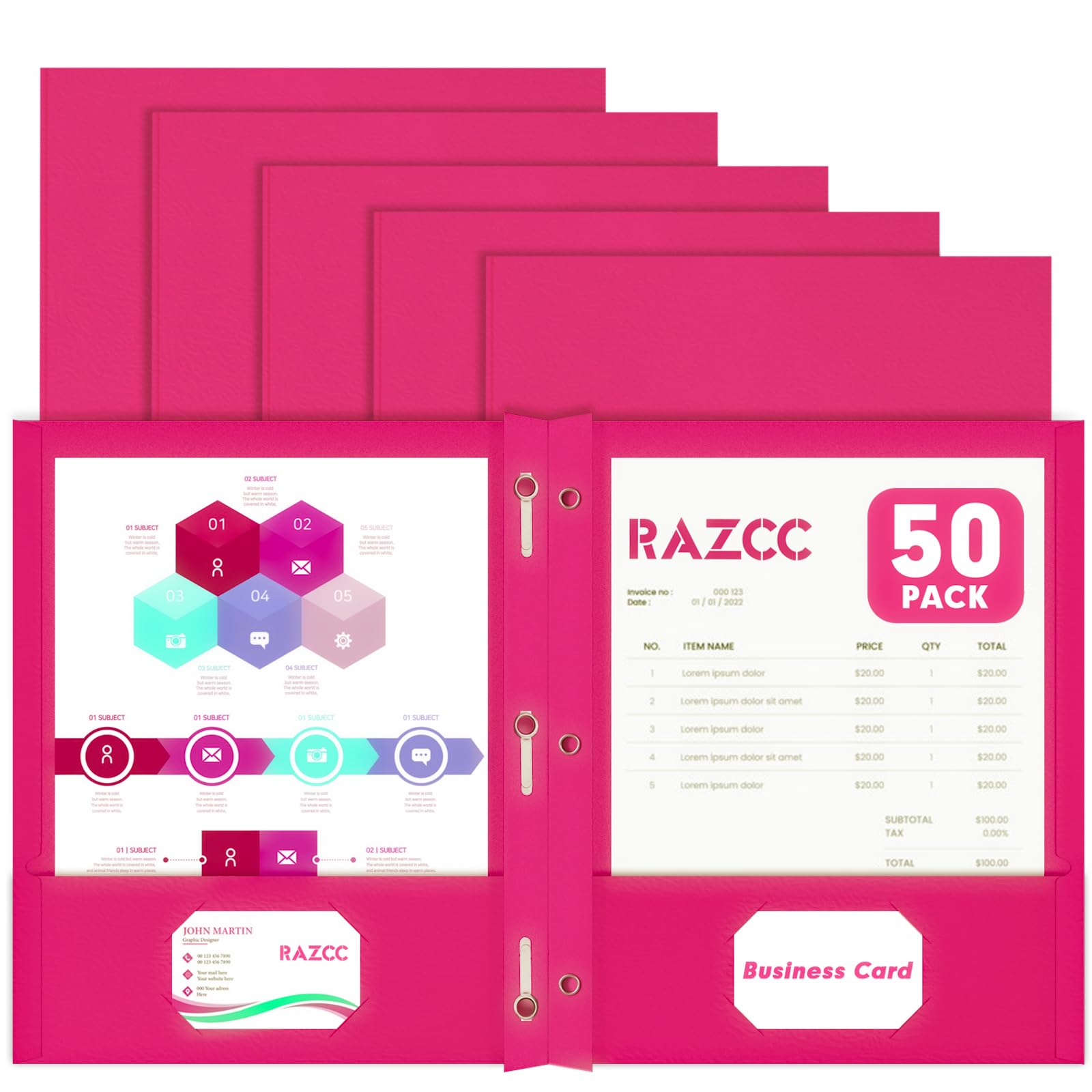 Two Pocket Folders, RAZCC 50 Pack Two Pocket Folders with Prongs, 3 Prong Folders Fit Letter Size Paper, Pocket File Folders for School Office Home Business, Magenta