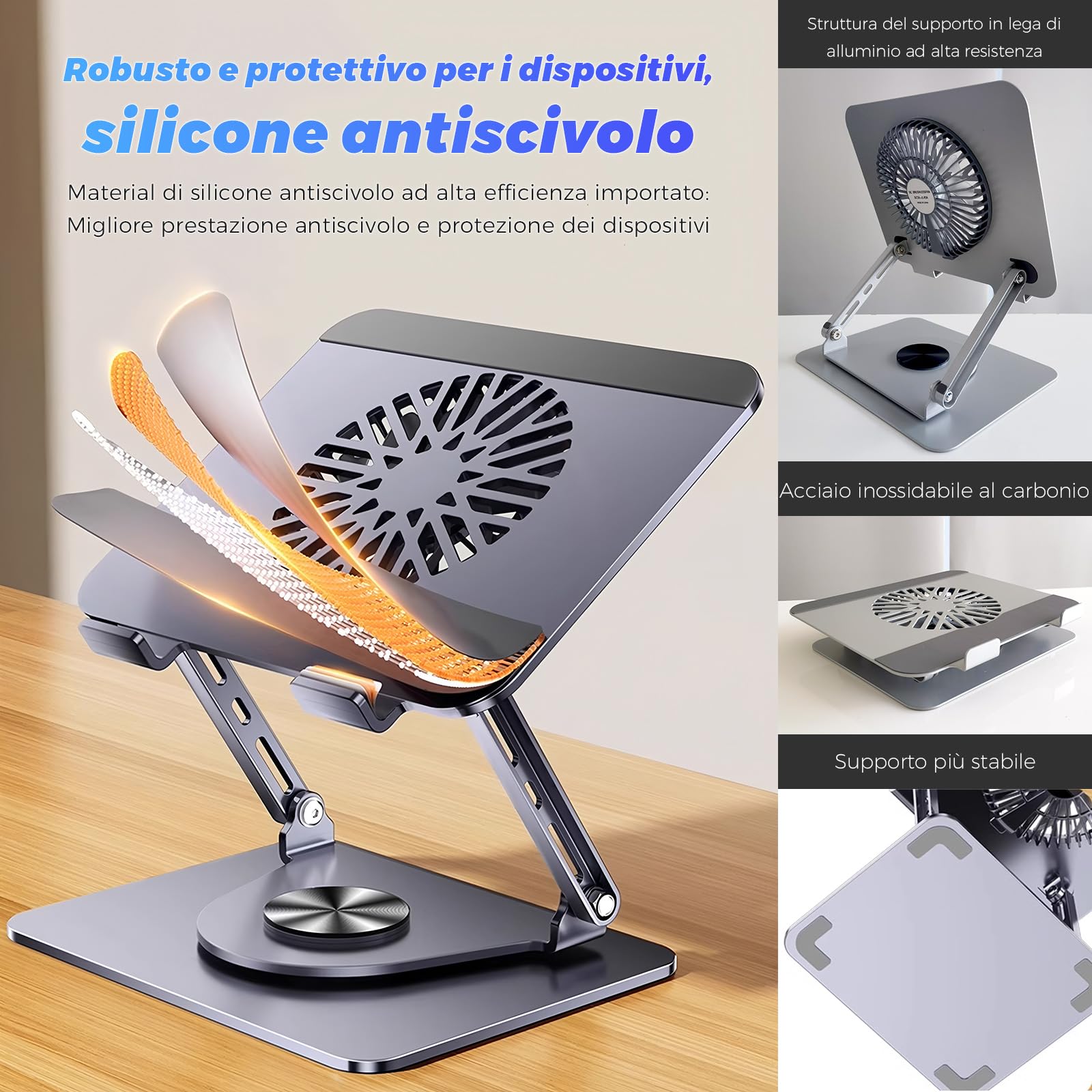Supporto per laptop in alluminio, girevole a 360°, pieghevole, con ventola magnetica per raffreddamento, compatibile con MacBook e dispositivi da 10 a 17,3 pollici (grigio scuro)