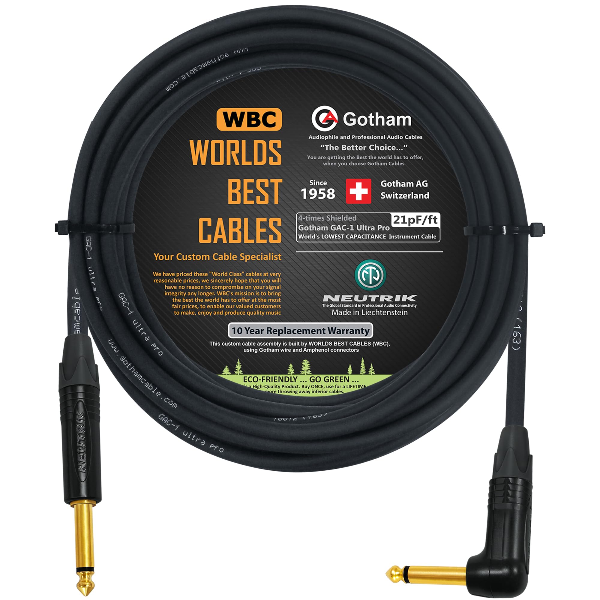 Gotham GAC-1 Ultra Pro - Cable para instrumentos (8 m, 21 pf/ft) para guitarra, bajo, con conectores TS chapados en oro Neutrik de 6,35 mm