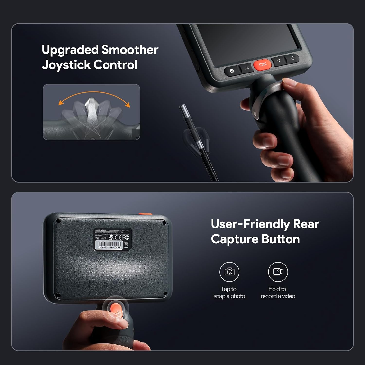 Close-up of the borescope display unit showing joystick control and rear capture button