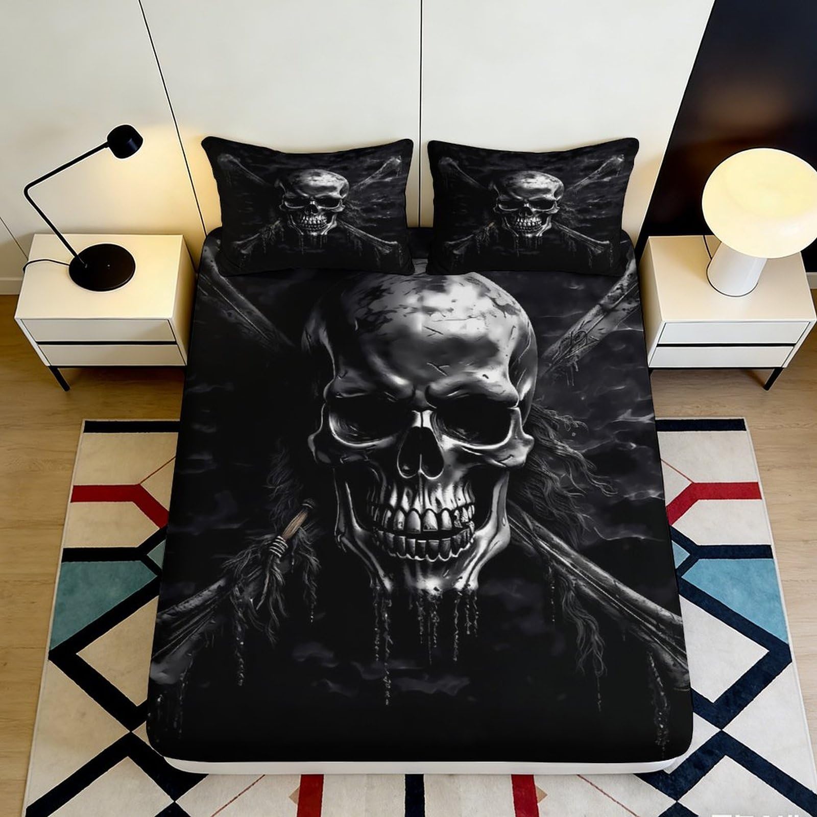 3D Printed Skull Fitted Sheet Microfiber Deep Pocket for Bedroom Bedding Gothic Skull Mattress Fitted Cover Non-Slip Washable 200x200x25cm