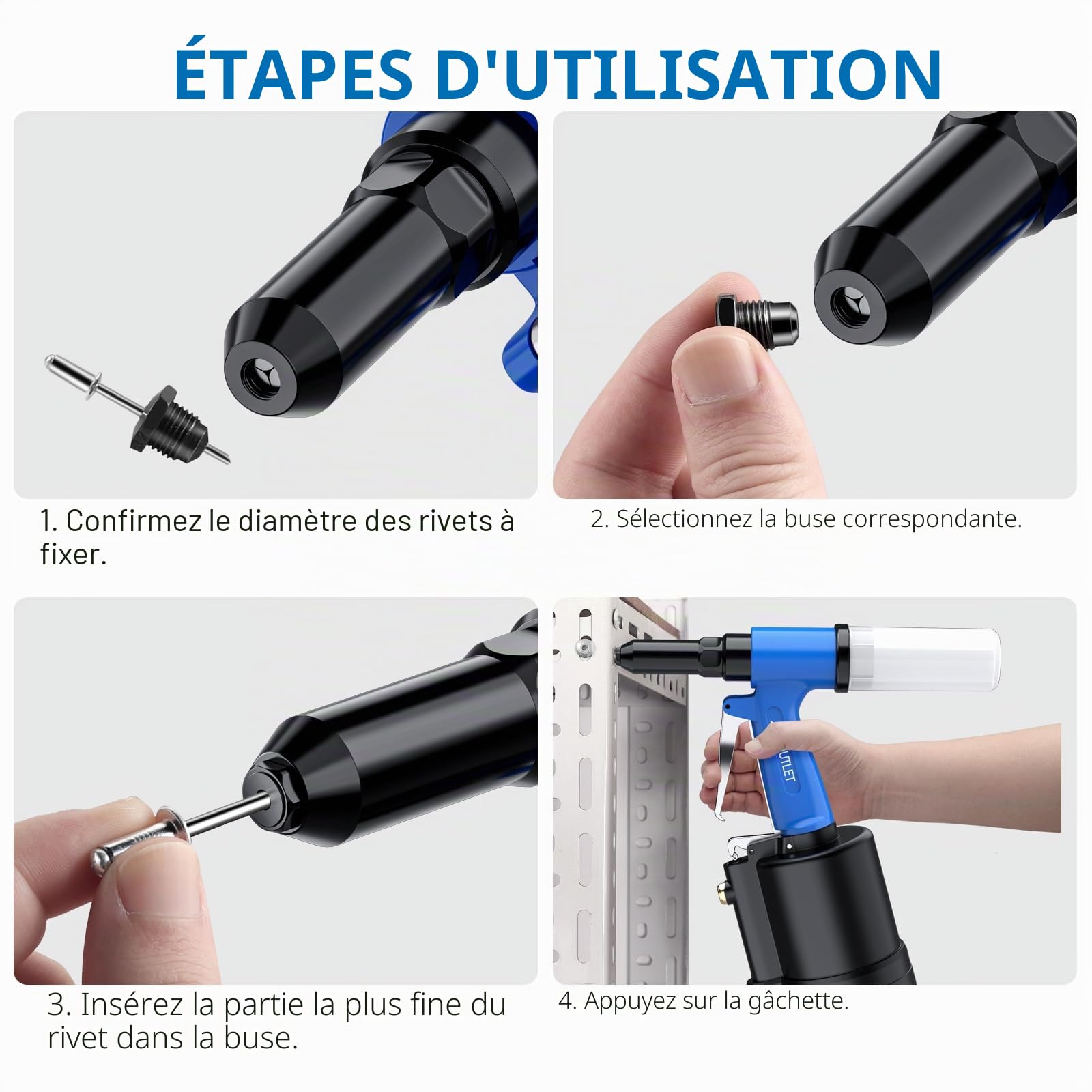 AUTOUTLET Pistolet à riveter pneumatique, 3/32", 1/8", 5/32", 3/16", 1/4", pression de traction 1780KGF, idéal pour la maison, la décoration, l'industrie