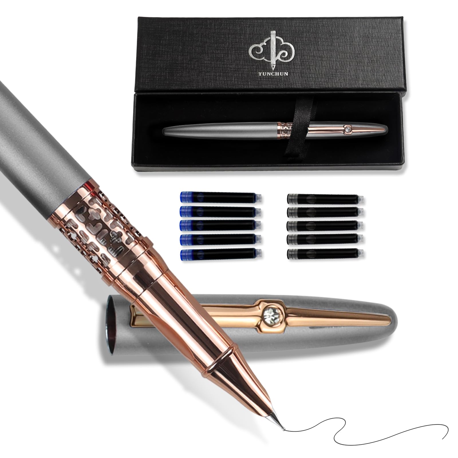 YUN CHUN Refillable Fountain Pen Fine Nib, Fancy Ink Pen with 10 Black & 10 Blue Ink Refills Cartridges, Cool Ink Pens for Writing, Business Metal, Best Gift Set for Men & Women, Gray