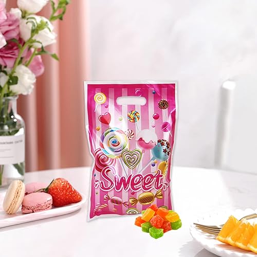 Vista 8 de Rainmae 50 bolsas de regalo de Candyland, regalos de fiesta de piruletas y caramelos, bolsas de golosinas y regalos familiares para dulces temáticos